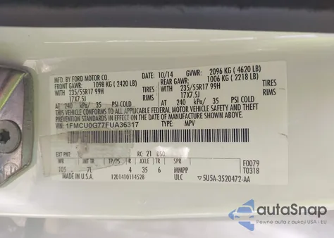 2015 Ford Escape Se from USA, damaged, VIN 1FMCU0G77FUA36317